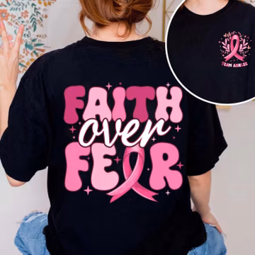 Custom Name Faith Over Fear Shirt, Breast Cancer Awareness T-Shirt, Pink Ribbon Support Tee, Inspirational Graphic Tee for Women