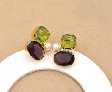 Amethyst & Peridot Earrings 18k gold Plated with Pearl Accent | Elegant Gemstone Studs | Unique Statement Jewelry