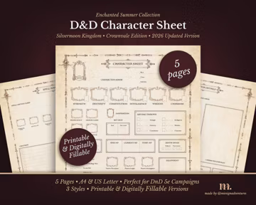 DnD 5e Character Sheet Printable | Silvermoon Kingdom Crownvale Edition | Dungeons & Dragons Fantasy RPG PDF | A4 A5 US Letter | 4 pages