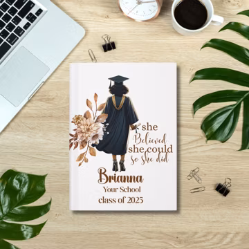 Personalized Black Girl Graduation Hardcover Journal, Inspirational Grad Gift Notebook, Custom African American Class of 2025 Gift