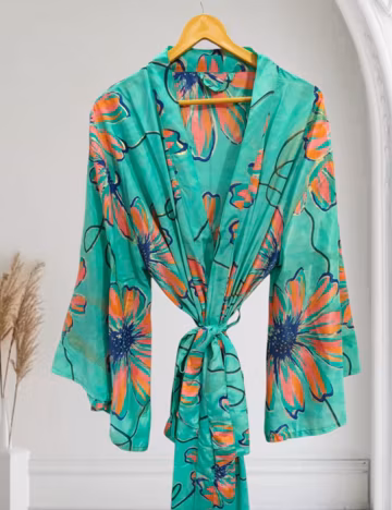 Long Silk Kimono Robe, Floral Print Sari, Beach Coverup K-681