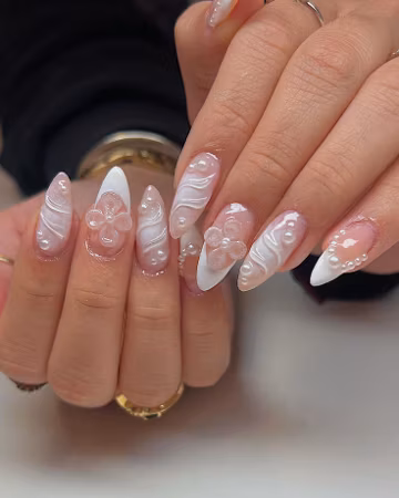 Luxe Wedding Bloom Press On Nails | White 3D Flowers & Dripping Pearl Accents | Fake Nails in Square Shape | Luxury Handmade Nail Art