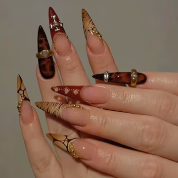 Luxury Animal Print Press On Nails With Tortoiseshell, Zebra French Tips | Long Almond Fake Nails | Handmade Nail Art For Fall, Vacation