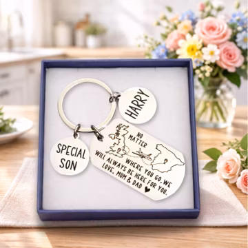 Son Moving Abroad Gift, Personalised Two Country Long Distance Keyring From Parents