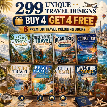 299 Travel Coloring Pages Bundle | 8 Books, All Themes (Digital Download)