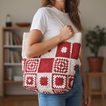Crochet Granny Square Tote Bag, Handmade Shoulder Bag, Lined Crochet Bag with Zipper Pocket, Red Cream Boho Bag, Large Capacity Everyday Bag
