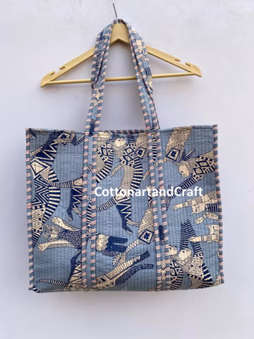 Indian Printed Cotton Quilted Tote Bag: Handmade Market Bag