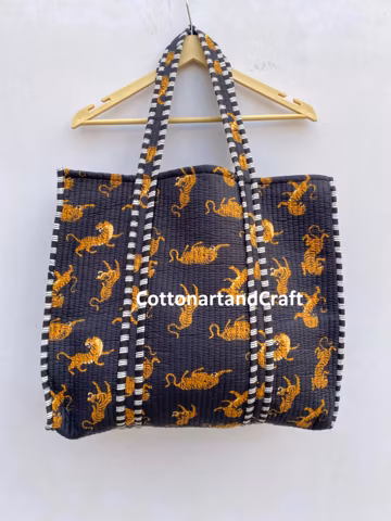 Tiger Print Cotton Tote Bag: Quilted Indian Market Bag