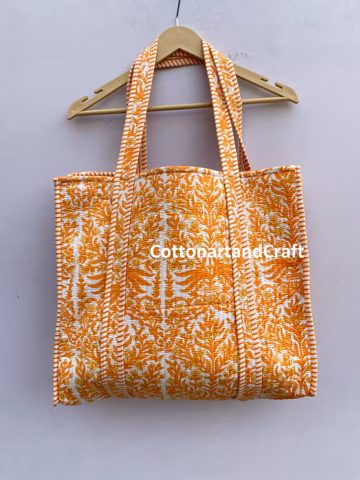 Indian Printed Cotton Quilted Tote Bag: Handmade Market Bag
