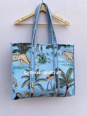 Handmade Quilted Cotton Tote Bag: Indian Print Market Bag
