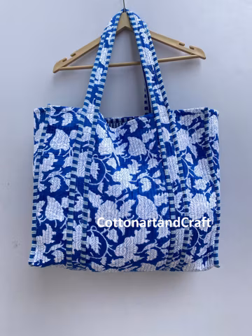 Indian Block Print Cotton Tote Bag – Quilted Shopper Handbag