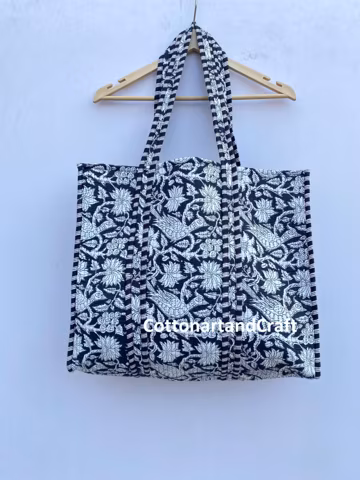 Block Print Cotton Tote Bag: Quilted Indian Handbag