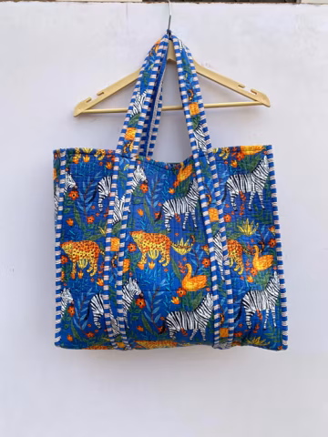 Indian Printed Cotton Quilted Tote Bag: Handmade Market Bag