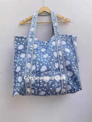 Handmade Quilted Cotton Tote Bag: Indian Block Print, Shopping Bag