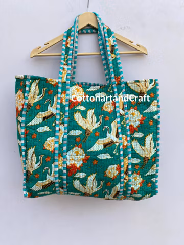 Indian Printed Cotton Tote Bag: Handmade Quilted Market Bag