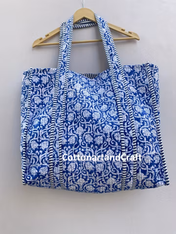 Quilted Cotton Tote Bag: Handprinted Indian Block Print