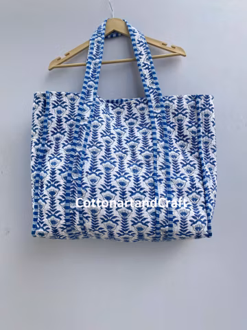 Handmade Block Print Cotton Tote Bag, Quilted Market Bag