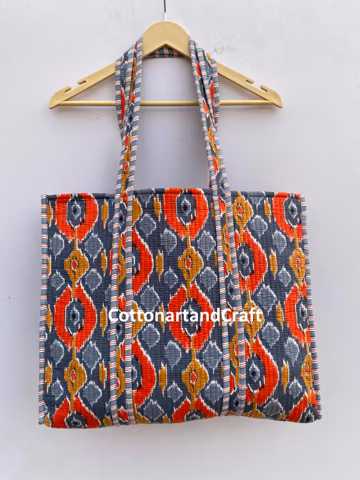 Printed Quilted Cotton Tote Bag: Handmade Indian Market Bag