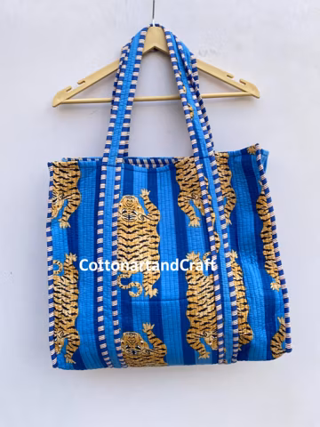 Tiger Print Cotton Tote Bag: Handmade Quilted Market Bag