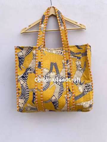 Handmade Indian Quilted Cotton Tote Bag: Printed Market Bag