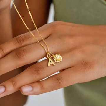 Initial Charm Necklace with Birth Flower, Personalized Gold Pendant, Anniversary gift