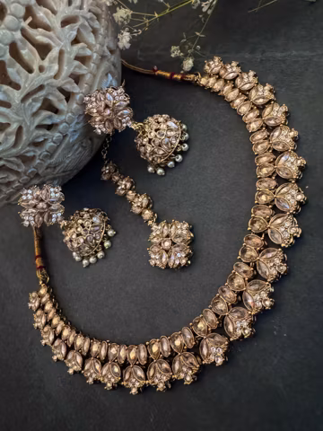TULIP Bronze antique gold Polki light necklace set: Indian Pakistani wedding Jewelry with Jhumka earrings and mangtika