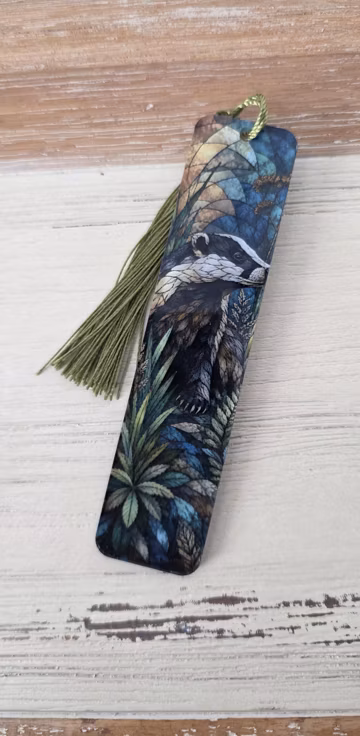 Badger, wildlife Bookmark with Tassel, Book Lover Gift, Colourful Double sided Acrylic Art Bookmark, Reading Gift
