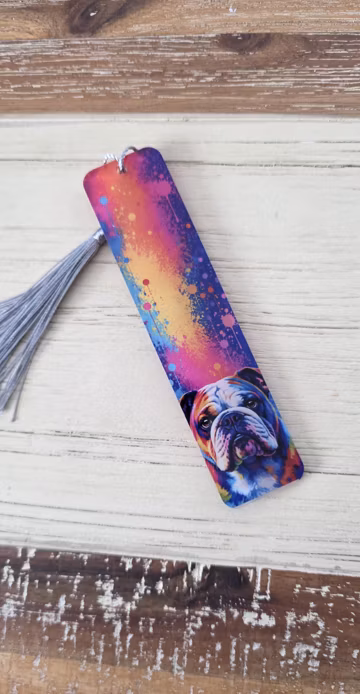English Bulldog Bookmark with Tassel, Book Lover Gift, Colourful Double sided Acrylic Art Bookmark, Reading Gift