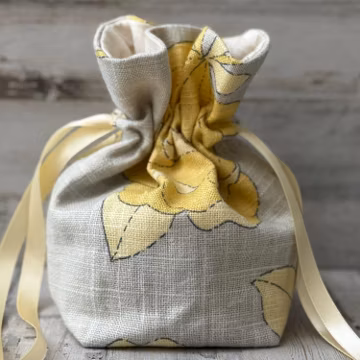 Lined and Box Pleated Yellow and Dove Gray Floral Drawstring Bag