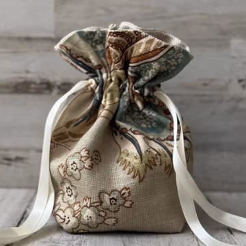 Lined and Box Pleated Blue and Khaki Jacobean Floral Drawstring Bag