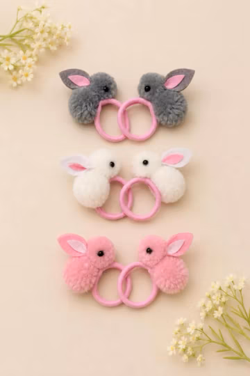 Bunny Hair Ties: Girls' Easter Pom-Pom Hair Accessories, Set of 2