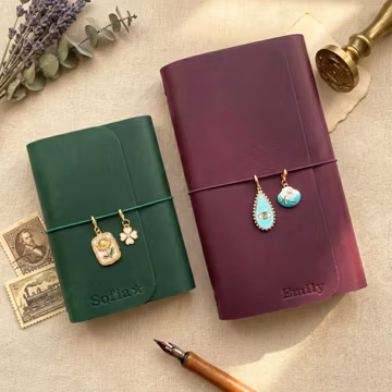 Personalized Refillable Leather Journal with Charms, Custom Name/Initials Trifold Cover Notebook