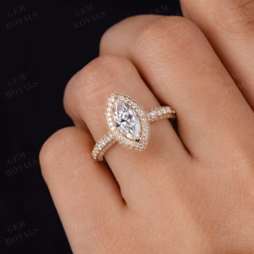 Marquise Moissanite Halo Engagement Ring, Diamond Pave Setting Wedding Ring, Solid Yellow Gold Promise Ring, Anniversary Gift Ring For Her