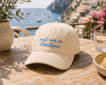 Women's Embroidered Meet Me in Positano Cap | Coastal Wash Beach Hat, Italy Travel and Vacation Accessory, Outdoor Wear for Sunny Trips