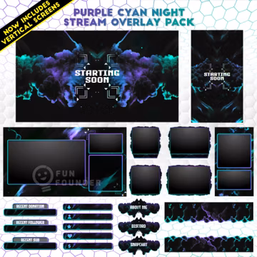 Purple Cyan Night Animated Stream Overlay Pack | Purple Greenish Cyan Twitch Overlay Pack | Purple and Cyan Stream Package | Vertical Pack