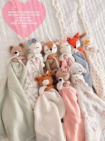 Personalized Crochet Animal Lovey Blankie: Organic Cotton Rattle Toy and Washcloth