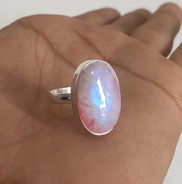 Handmade Pink Moonstone Ring: 925 Sterling Silver Boho Ring