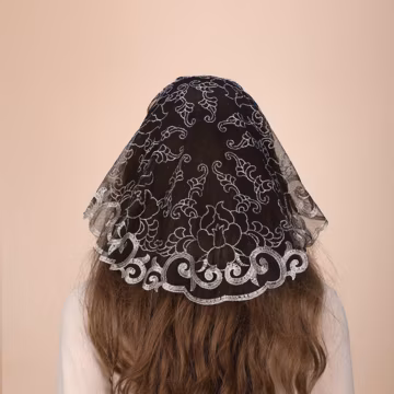 Catholic Chapel Round Mantilla Veil: Traditional Black Gold Peony Embroidery Church Mass Lace Veil