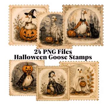 Vintage Halloween Goose Stamps PNG. Retro Halloween Goose Clipart. Watercolor Postage Stamp Bundle. Digital Download.