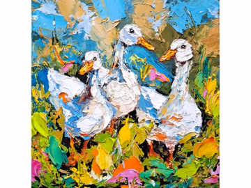 Three White Ducks Painting Ranch Animals Original Art Farm Birds Impasto Painting by ArtSenya