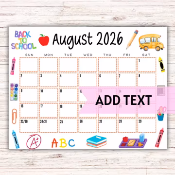 EDITABLE Printable August Calendar 2026 | Back To School Calendar | Classroom Calendar | Cute August 2026 Calendar | Monthly Calendar