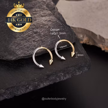 14K Gold Horseshoe Spike Septum Ring, Internally Threaded Half Gold Half White Gold, 16g 10mm