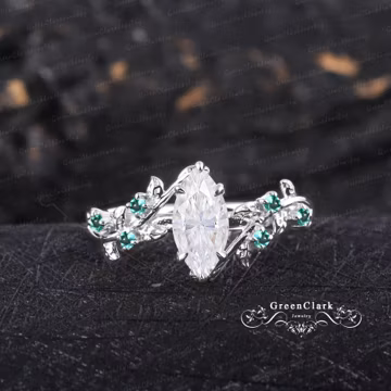 Vintage marquise cut moissanite engagement ring Solid 14k white gold promise ring Nature inspired art deco leaf ring Her unique jewelry gift