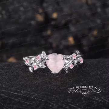 Heart cut rose quartz engagement ring Art deco solid 14k white gold promise ring Nature inspired leaf ring Handmade jewelry gift for women