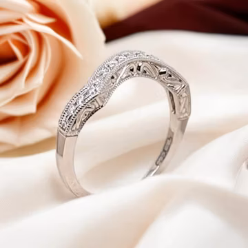 Art Deco Curved Wedding Band • Vintage Milgrain Silver Stacking Ring • Antique Filigree Matching Band for Engagement or Promise Ring