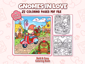 Valentine Coloring Pages for Kids & Adults | Gnomes In Love Coloring Book – Romantic Gnomes, Cute Love Scenes, Bold and Easy Printable PDF