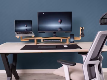 Dual Monitor Stand Riser, Wood Computer Laptop Stands Organizer, Double Lap Setup Shelf