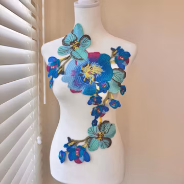 Large Blue and Pink Floral Appliqué Patch: Couture Gown, Dance Costume (21” x 12”)