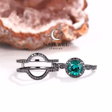 Black Gold Round Shape Emerald Engagement Rings 3PCS May Birthstone Halo Promise Rings Dainty Anniversary Ring Gothic Enhancer Wedding Bands