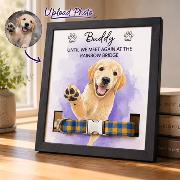 Personalized Pet Collar Frame Keepsake, Remembrance Plaque Gift for Dog Lover, Custom Pet Portrait Watercolor Art Frame,Pet Bereavement Gift